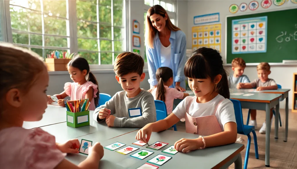 A classroom setting where young students are actively playing a memory game, flipping over colorful cards as the teacher observes and encourages them. A perfect depiction of how to play memory game as an educational activity