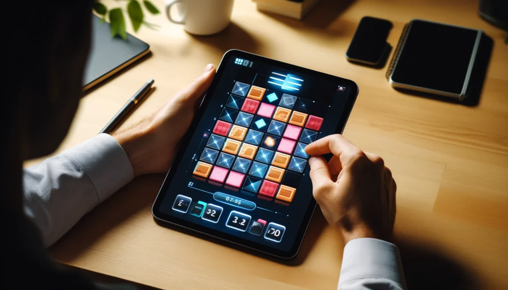 A modern digital memory game on a tablet screen, with a player tapping to flip over colorful digital cards in a sleek workspace. This image demonstrates how to play memory game in a digital format