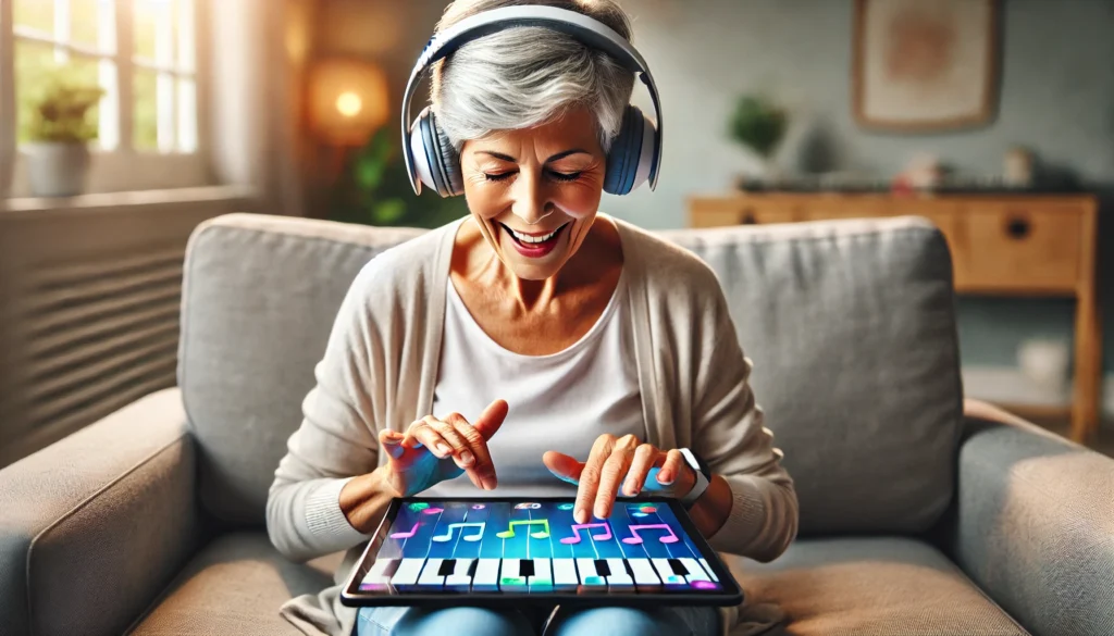 Elderly woman playing an interactive music-based game on a tablet, enhancing cognitive and emotional well-being – free online games for seniors with dementia