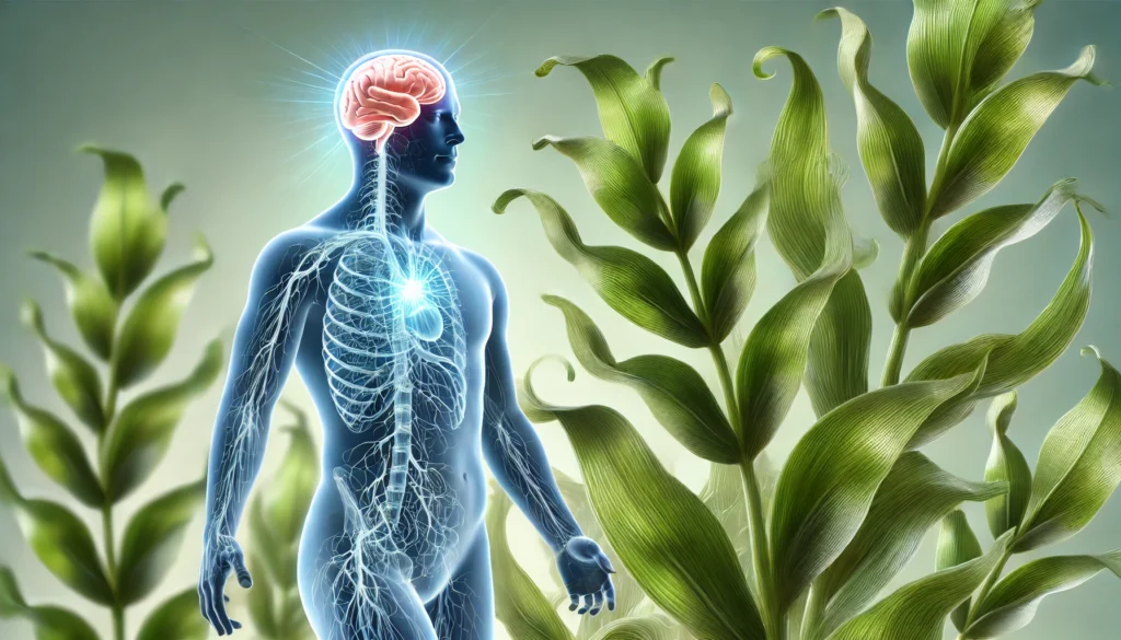 Glowing brain in a transparent human body alongside Laminaria seaweed, symbolizing neurological and cognitive support.