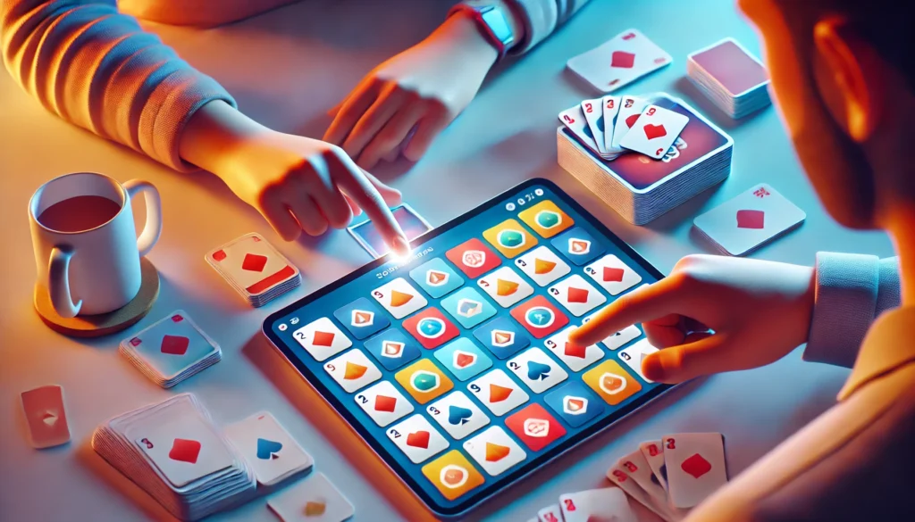 A 3D-rendered scene of two players playing a Google Memory Game on a tablet, interacting with a vibrant card grid in a modern, minimalistic environment