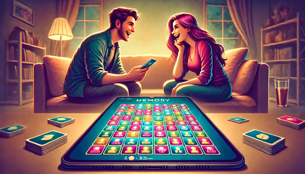 A semi-realistic illustration of two players enjoying a Google Memory Game on a large touchscreen device, sitting in a cozy living room with warm lighting.