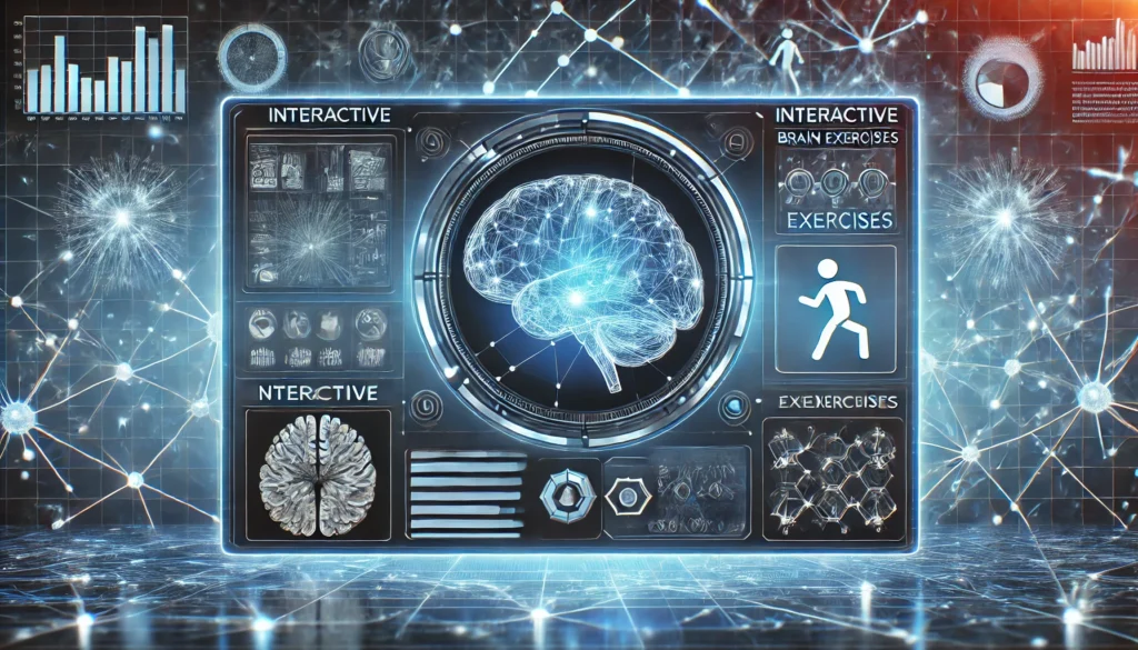 Digital interface displaying interactive brain exercises with glowing neural connections, showcasing the best apps for brain health