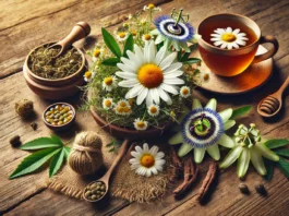 A calming arrangement of herbal remedies for managing mood swings, displayed on a rustic wooden table. The composition includes chamomile flowers, passionflower, ashwagandha roots, St. John’s Wort, and a steaming cup of herbal tea, illuminated with warm natural lighting.