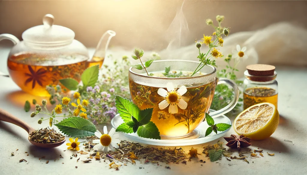 A visually appealing image of herbal tea infused with natural mood-boosting ingredients like St. John's Wort, chamomile, and lemon balm, steaming in a glass cup and surrounded by fresh herbal leaves and dried flower petals, symbolizing relaxation and mental well-being.