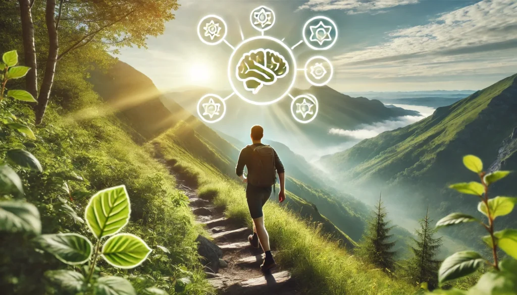 A person hiking up a scenic mountain trail, surrounded by lush greenery and fresh air. The movement and natural environment represent enhanced mental clarity, reduced brain fog, and cognitive benefits of physical activity.