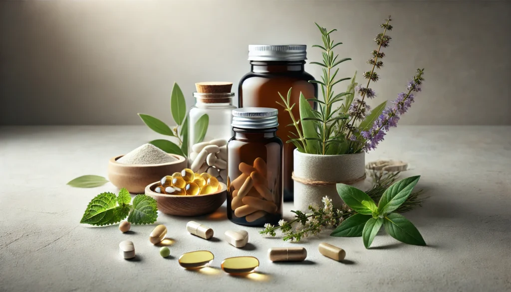 A clean and modern image showcasing natural supplements for depression relief, including St. John's Wort herbs, omega-3 softgels, and magnesium capsules, neatly arranged on a neutral surface with soft, natural lighting. No bottles or containers—only supplements and natural ingredients.