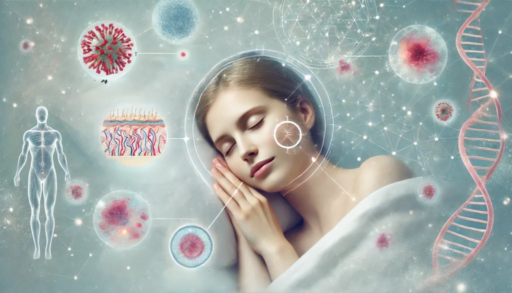 A visualization of the skin’s repair process during sleep, featuring a peaceful sleeping woman with glowing skin, surrounded by abstract representations of collagen production, increased blood flow, and cellular regeneration. The dreamy aesthetic and soft lighting emphasize the rejuvenating effects of sleep.