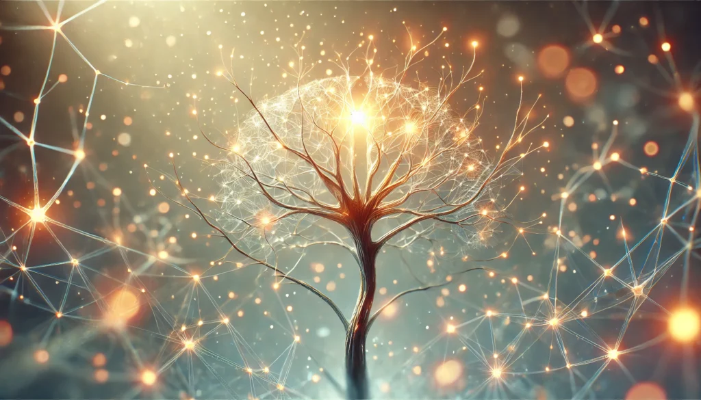 A futuristic illustration of neurons resembling glowing tree branches, with golden synapses symbolizing the strengthening of neural pathways. The soft, abstract background represents mental clarity and memory enhancement.