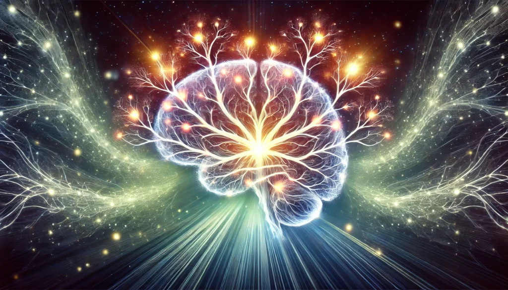 - A luminous brain with neural networks expanding outward like radiant branches, surrounded by an ethereal energy field, representing cognitive enhancement, memory improvement, and neuroplasticity.