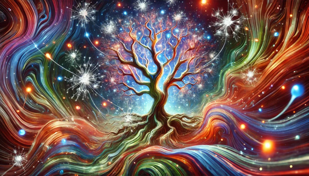 A dreamlike depiction of neuron growth resembling tree branches, with vibrant colors illustrating the regenerative process of brain cells, evoking brain healing and renewal.