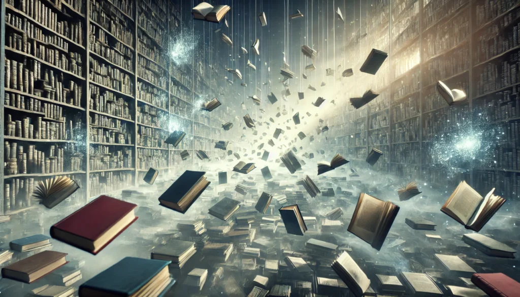 A dreamlike library with floating books whose pages turn by themselves. Some books are missing pages, while others dissolve into mist. Beams of ethereal light selectively illuminate certain books, representing selective and unreliable memory recall.