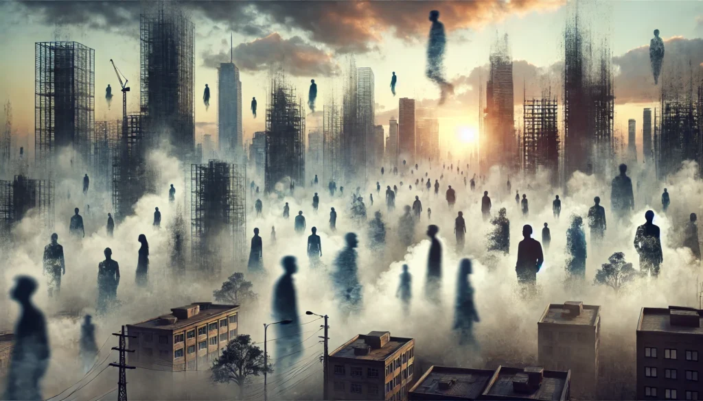 A surreal cityscape at dusk where human silhouettes made of fog continuously shift, forming and dissolving like forgotten memories. Buildings in the background appear partially erased, blending into the sky, symbolizing the fluid and unreliable nature of recollection.