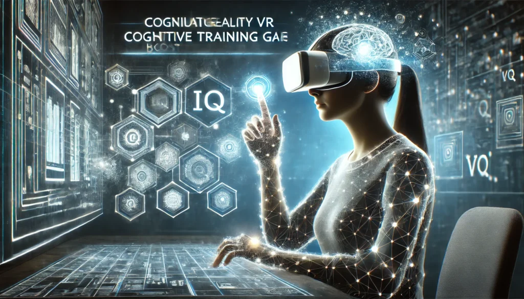 A futuristic scene of a person engaging with a virtual reality cognitive training game, highlighting the immersive potential of games that boost IQ