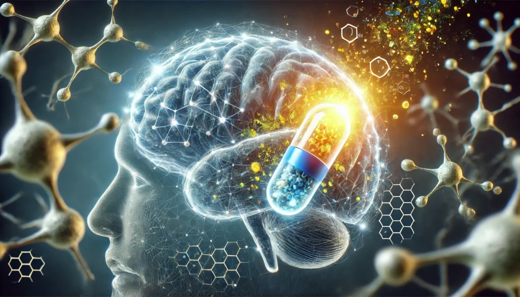 A conceptual image of Alzheimer treatment featuring a glowing pill dissolving into the brain, with molecular structures and neurons being activated, symbolizing the impact of new drug development on cognitive function.