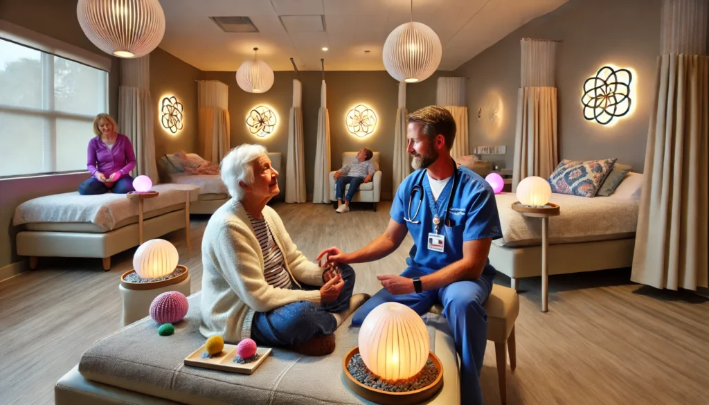 A secure memory care facility featuring a dedicated sensory therapy room where elderly residents interact with soft lighting, tactile objects, and soothing water features. The space is designed for relaxation with calming colors, aromatherapy diffusers, and a caregiver guiding a resident through sensory exercises