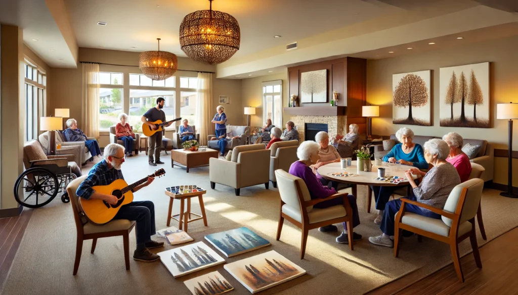 A cozy, well-lit common area where elderly residents are engaged in structured activities such as an art therapy session and a music therapy session. The environment is warm and supportive, with comfortable seating and soft lighting.