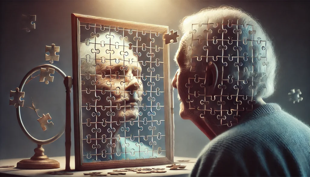 A surreal depiction of an elderly person looking into a mirror, but their reflection appears fragmented, with missing or distorted sections of their face. The cracked, puzzle-like texture of the mirror represents the struggle to recall past experiences.