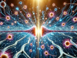 A conceptual image of neurotransmitters being released into a synapse, illustrating the chemical basis of neural communication. Vibrant energy waves highlight signal transmission, with glowing molecules bridging the synaptic gap against a deep blue neural matrix, emphasizing brain connectivity