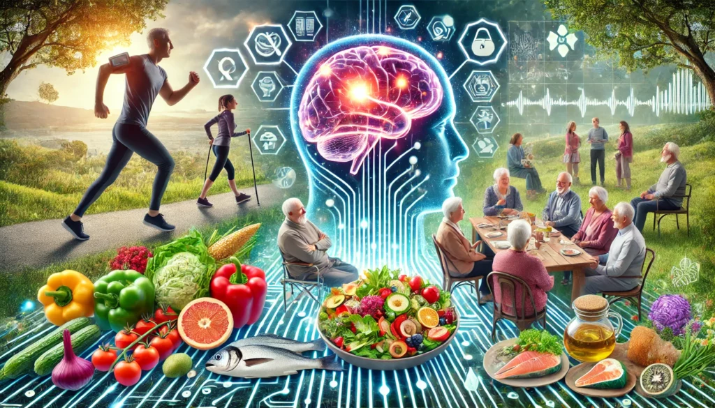 A conceptual digital illustration of a person jogging in a park with a glowing brain overlay, symbolizing the role of aerobic exercise in promoting brain health and preventing Lewy Body Dementia.