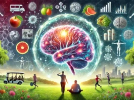 A conceptual digital illustration of a glowing shield protecting a healthy brain, symbolizing prevention strategies against Lewy Body Dementia. Surrounding the brain are visual elements like fresh fruits, vegetables, exercise silhouettes, and scientific research icons, representing holistic brain health.