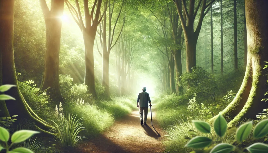 A serene forest pathway with an elderly person walking calmly, surrounded by lush greenery and soft sunlight filtering through the trees, symbolizing the role of nature walks and stress reduction in preventing Lewy Body Dementia. The image evokes a sense of peace and cognitive well-being.