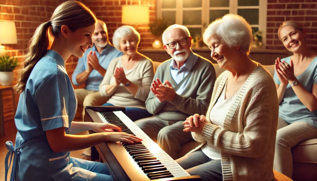 A serene music therapy session in a memory care facility, where an elderly group listens to a caregiver playing a soothing tune on the piano. Some residents clap along gently, creating a warm, emotionally uplifting atmosphere in a softly lit setting.