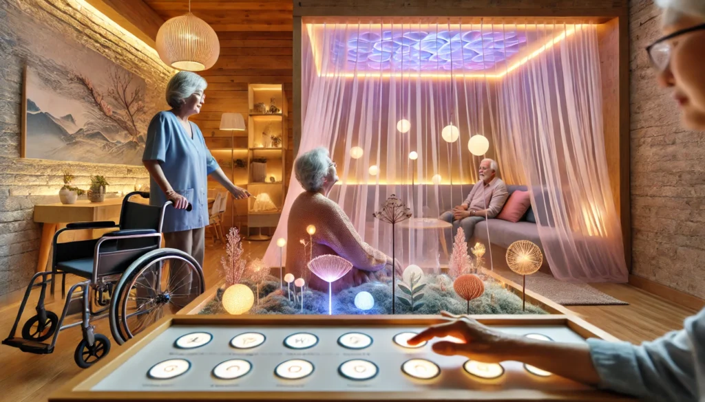 A calming sensory therapy session in a memory care facility, featuring a multi-sensory room with gentle lights, soft textures, and relaxing nature sounds. Elderly residents engage in memory-stimulating activities with caregivers, fostering emotional well-being in a peaceful environment.