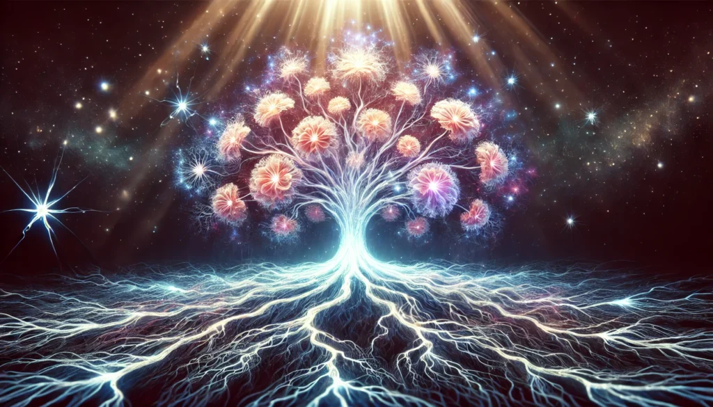 A surreal glowing tree with neuron-like branches and roots, representing knowledge retention and long-term memory storage. The mystical lighting and ethereal background highlight the vast complexity of human memory.