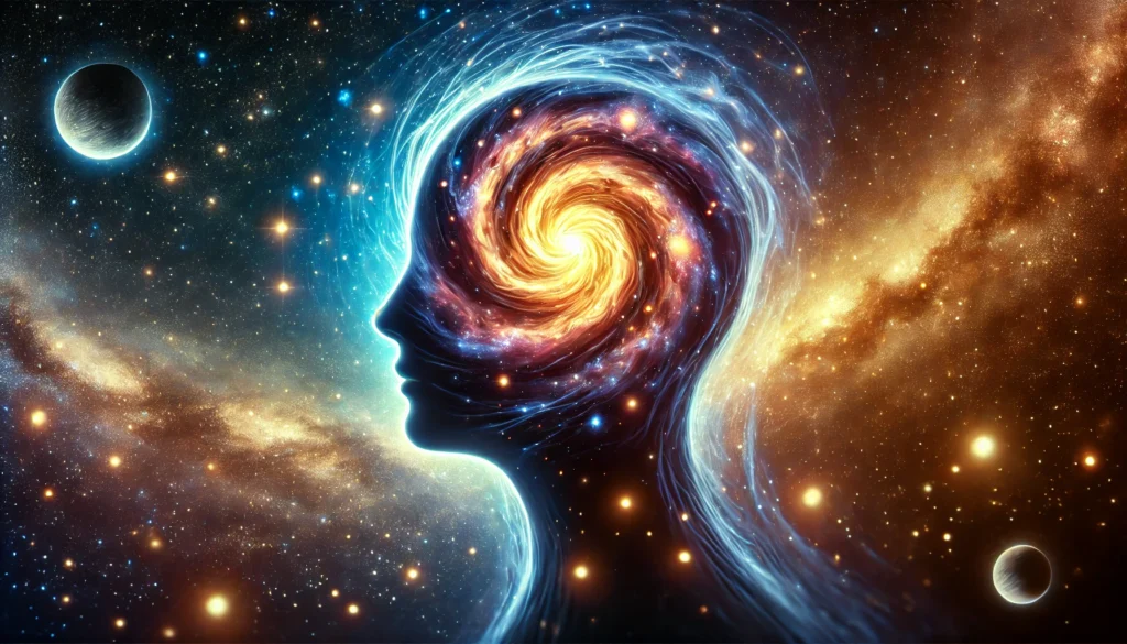 A glowing human head silhouette with a swirling galaxy inside, symbolizing the limitless nature of long-term memory. The stars represent stored experiences and knowledge, while the background transitions from deep space to warm light, illustrating memory retrieval.