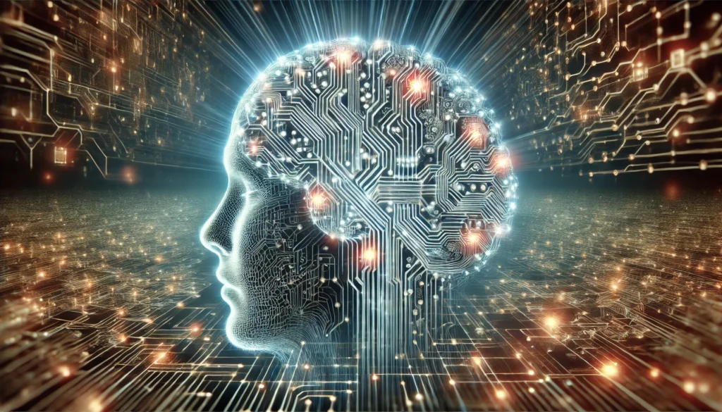 A futuristic digital brain composed of interconnected circuits and data streams, representing structured long-term memory. The matrix of neural pathways in the background symbolizes organized retrieval and categorization of stored information.