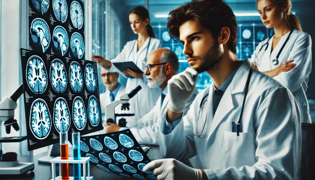  A dedicated medical research team works in a high-tech laboratory, analyzing brain scans and discussing findings with focus. Scientists in lab coats examine data on screens, symbolizing cutting-edge advancements in memory disorder research and innovative healthcare solutions