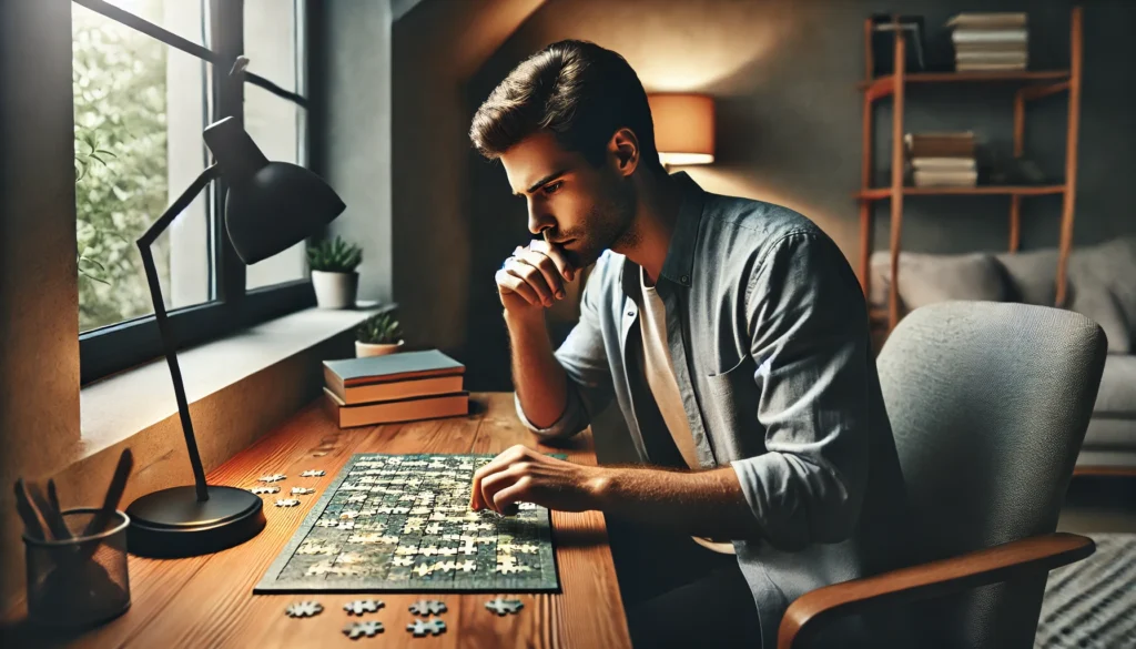 A man sitting at a wooden desk in a quiet home office, concentrating on solving a complex jigsaw puzzle in a cozy, minimalistic environment that promotes deep thinking.