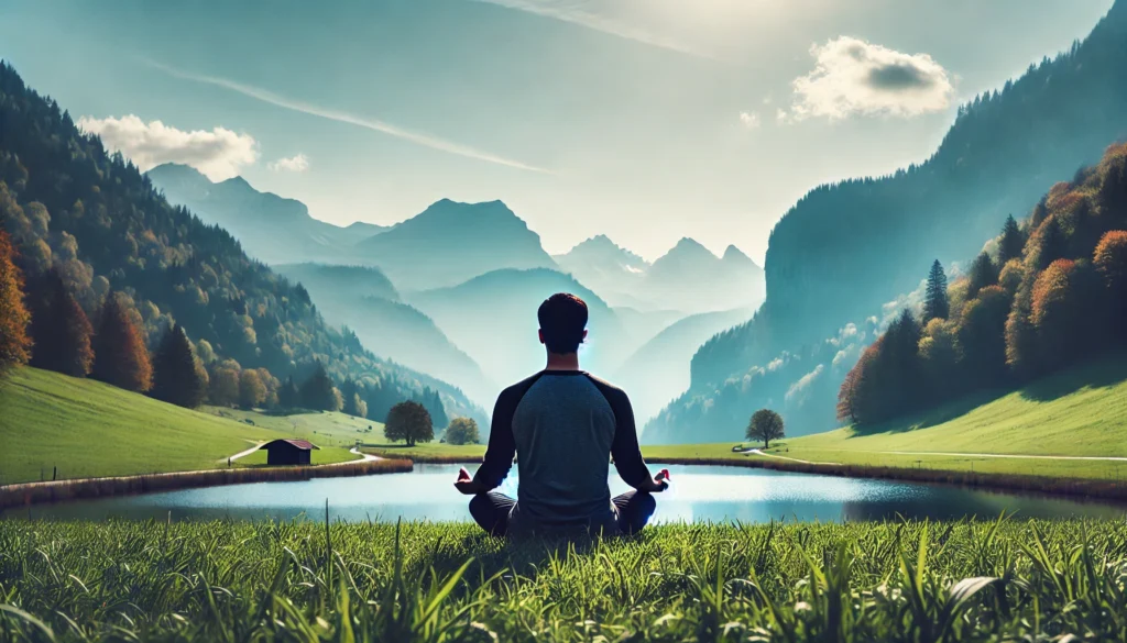 A person meditating in a tranquil outdoor setting, sitting cross-legged on a grassy field with mountains in the background. The peaceful environment represents reduced brain fog and cognitive benefits from physical activity.