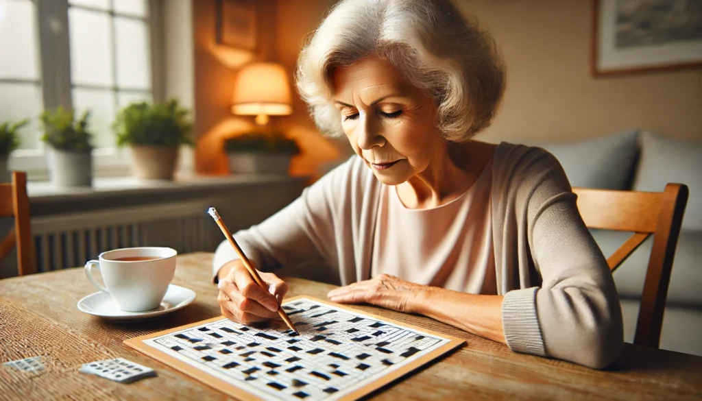 An elderly woman solving a crossword puzzle at home, focused on brain exercises for memory improvement