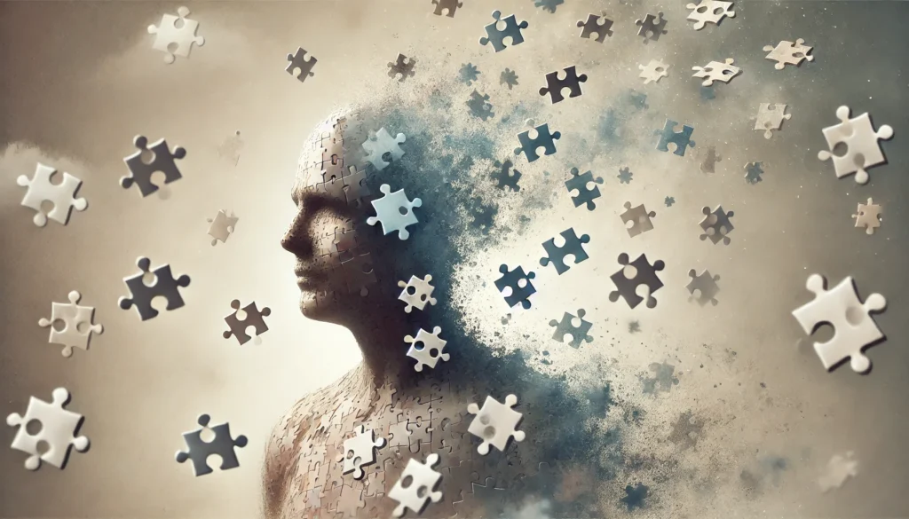 Memory loss another word – An abstract illustration of memory fragmentation, symbolized by a dissolving human figure made of puzzle pieces