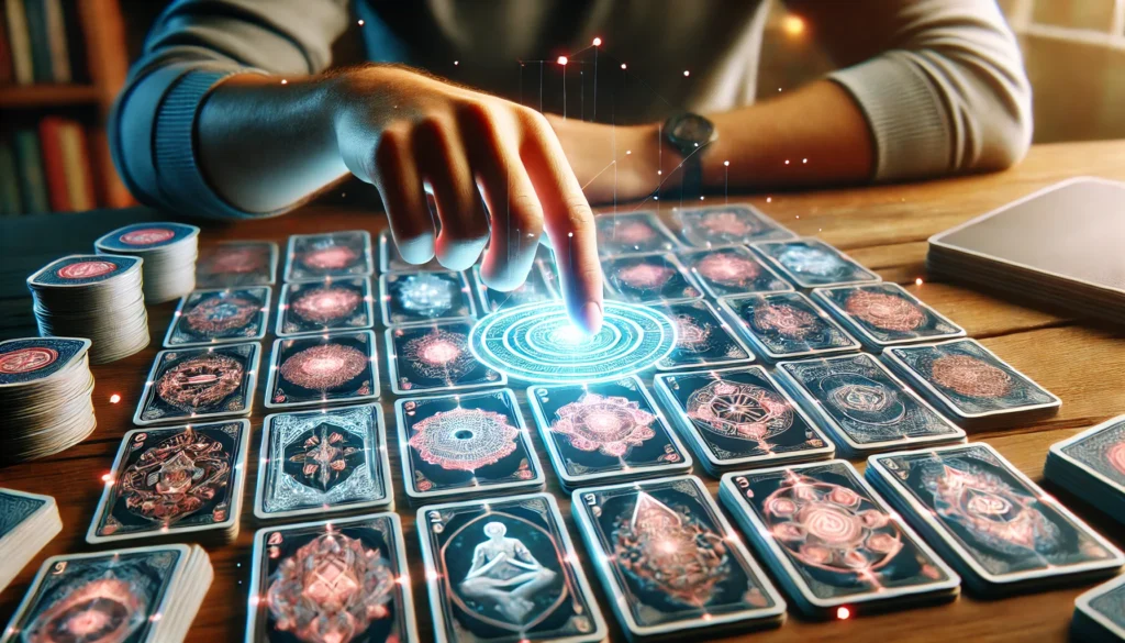 Modern memory card game with holographic playing cards, illustrating the fun and challenge of memory training