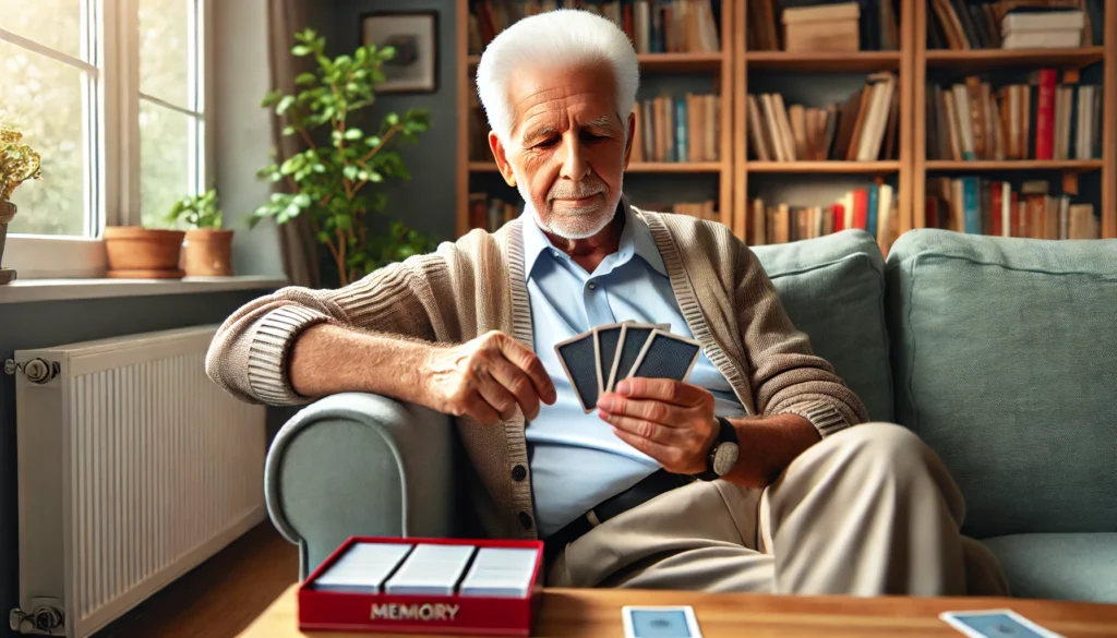 An elderly man playing a memory card game in a cozy living room, exercising his brain for memory enhancement