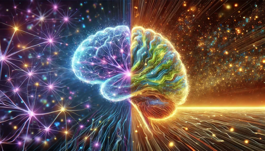 A conceptual depiction of memory formation, illustrating a vibrant brain with neurons actively linking and fading over time. The left side is illuminated with fresh connections, while the right side transitions into a vast landscape filled with memory fragments, symbolizing the shift from working memory to long-term storage.