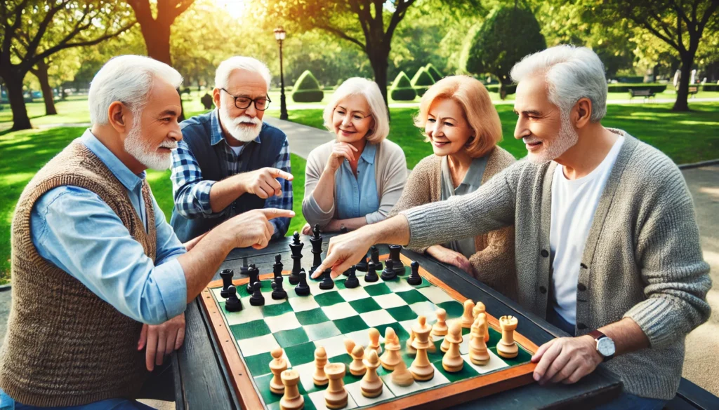 A group of elderly friends enjoying an outdoor chess game in a park, participating in memory-boosting brain exercises