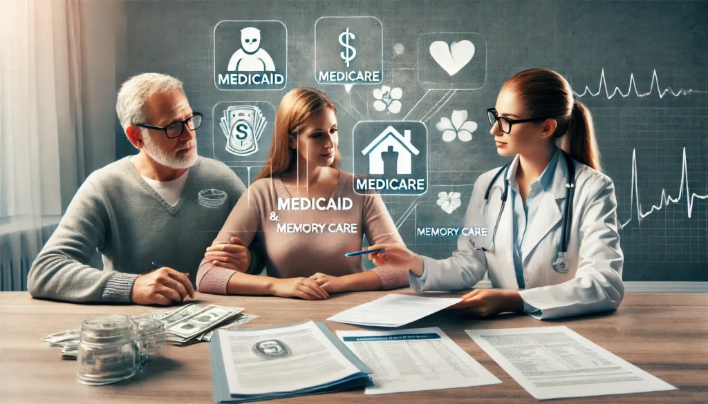 A family reviewing financial documents with an advisor, symbolizing financial navigation for memory care.