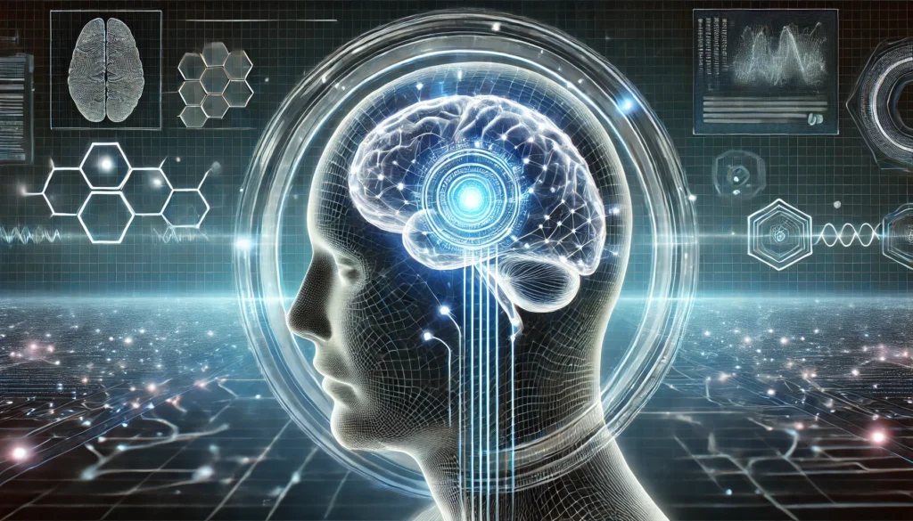 A futuristic depiction of the human brain interacting with artificial intelligence, symbolizing memory enhancement and cognitive research. The brain is connected to a glowing neural interface, with data streams flowing in and out, representing brain-computer interfaces and neurotechnology, set against a sleek digital grid with holographic elements.