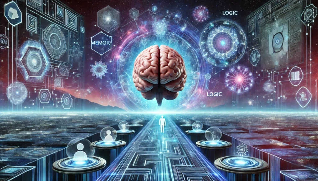 A surreal image of a human brain floating in a digital landscape, surrounded by interactive icons representing different cognitive skills, highlighting the intelligence-enhancing capabilities of brain teaser apps