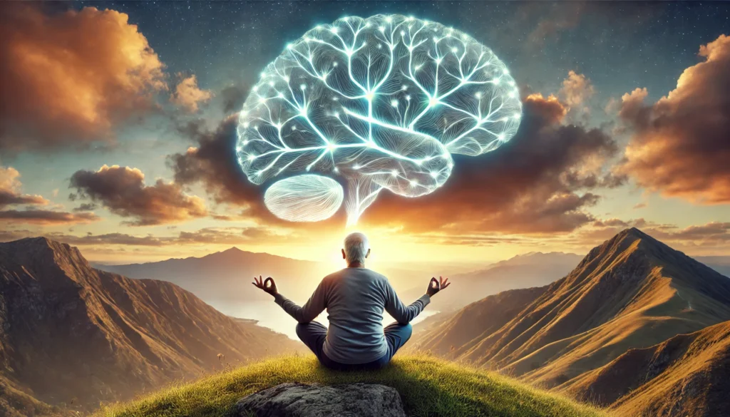 A serene elderly man meditating on a mountain top at sunrise, with a glowing neural network subtly integrated into the sky. This image represents mindfulness, brain exercises, and mental clarity for cognitive longevity.