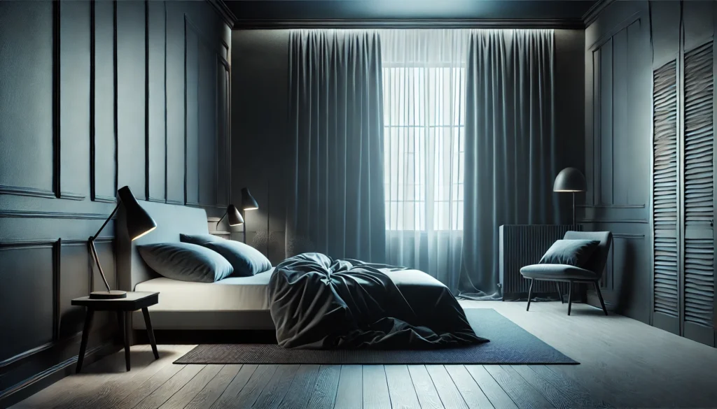 A dark, cool, and quiet bedroom optimized for sleep. A comfortable bed, blackout curtains, and a noise-free environment create the perfect setting for restful sleep.