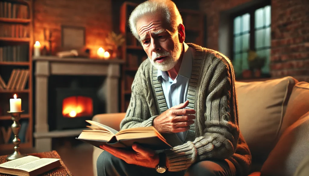 Elderly man in a cozy living room, reading aloud from a book with a determined yet frustrated expression, struggling with pronunciation.