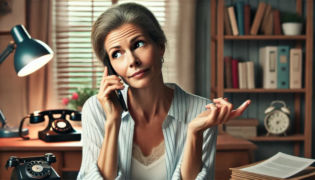 Middle-aged woman sitting in a study, hesitating while speaking on the phone, appearing unsure about a word she is trying to say