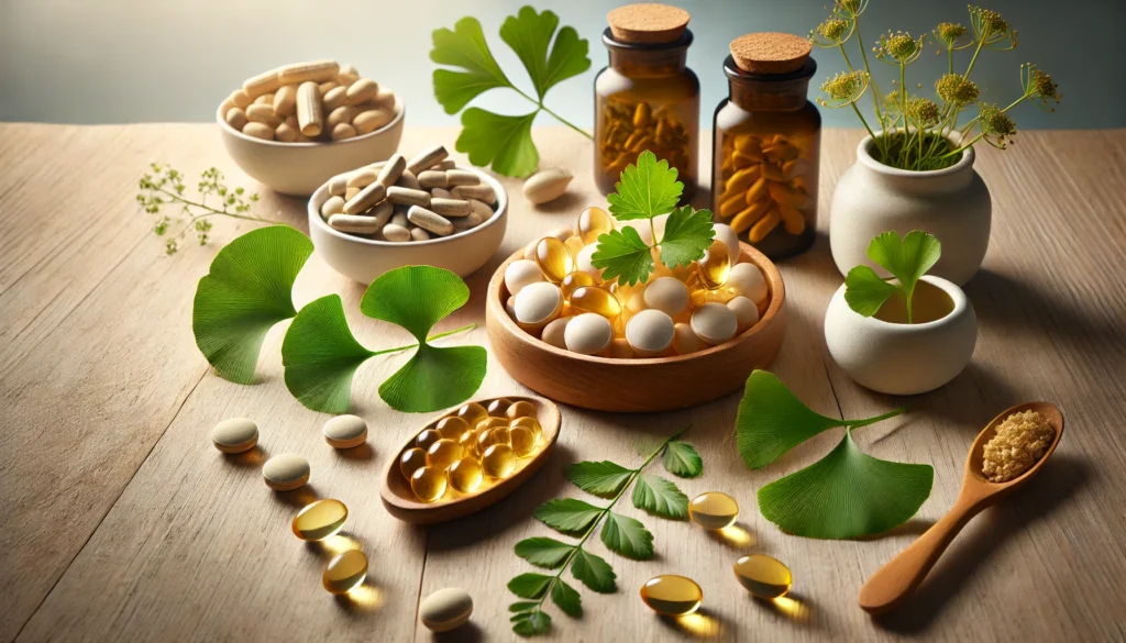 A clean and modern image featuring natural nootropic ingredients such as Ginkgo Biloba leaves, Bacopa Monnieri herbs, and Omega-3 capsules, arranged aesthetically on a wooden surface to highlight their cognitive benefits.