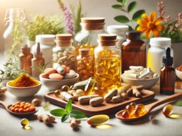 A visually appealing arrangement of natural supplements including turmeric, ginkgo biloba, omega-3 fish oil, and ashwagandha, displayed on a modern background, symbolizing cognitive support and dementia prevention.