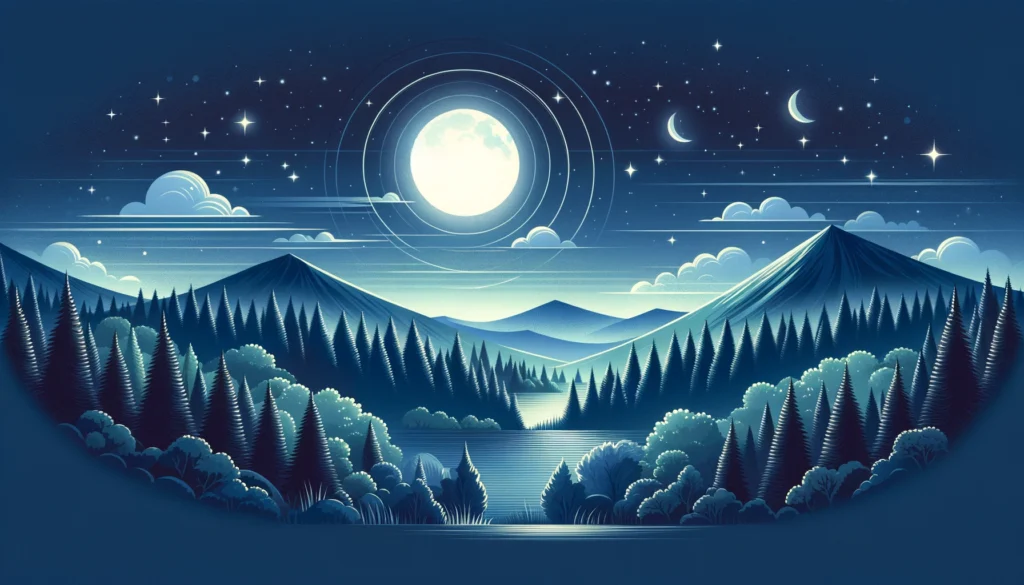 A peaceful nighttime landscape with the moon and stars shining over a quiet forest, symbolizing the connection between natural light cycles and the body’s circadian rhythm. The serene scene evokes a sense of calm and restfulness, promoting the importance of aligning sleep with nature.